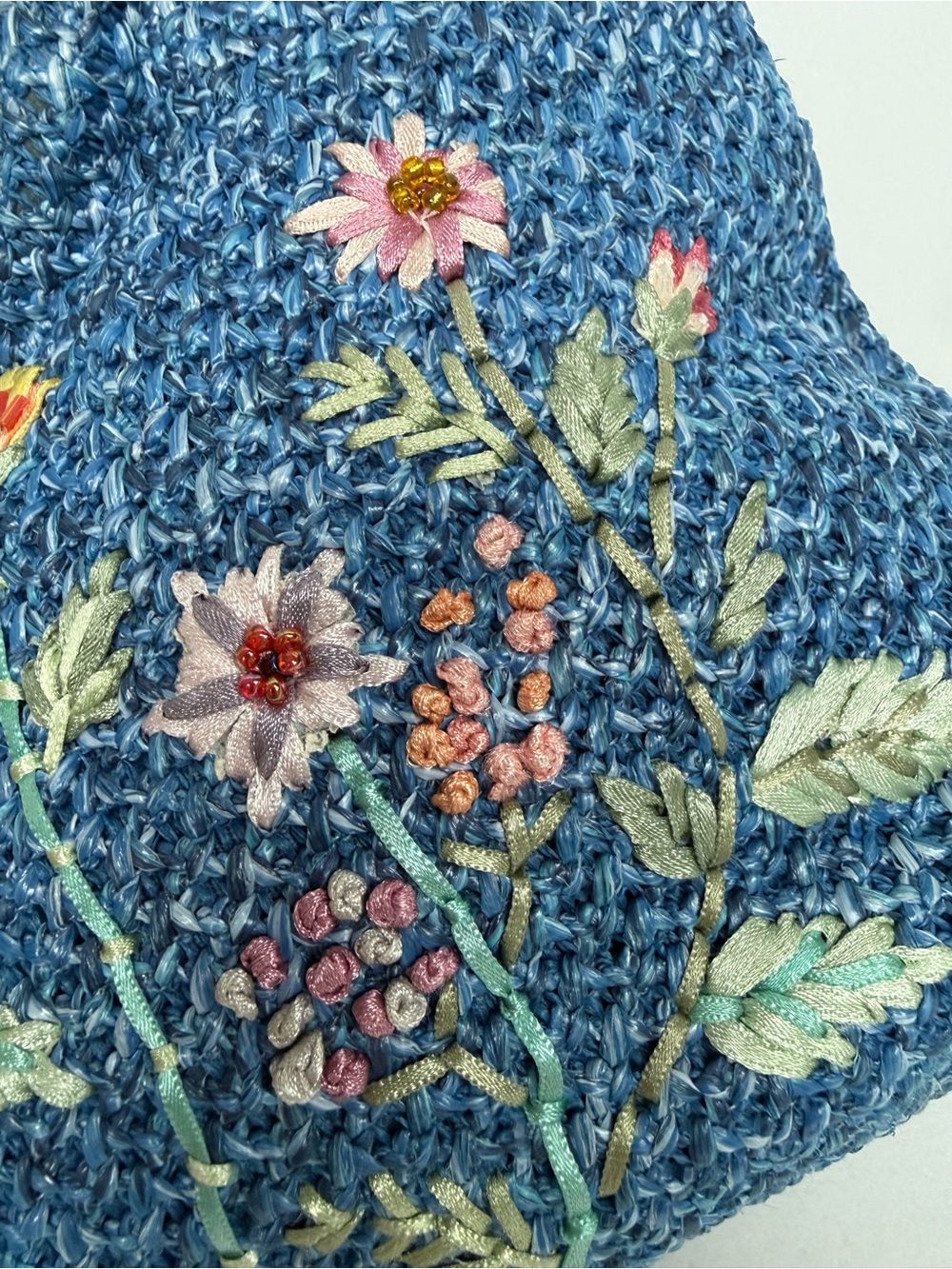 Vintage Boho Woven Straw Beaded Floral Ribbon Embroidered Handbag - Picture 4 of 12